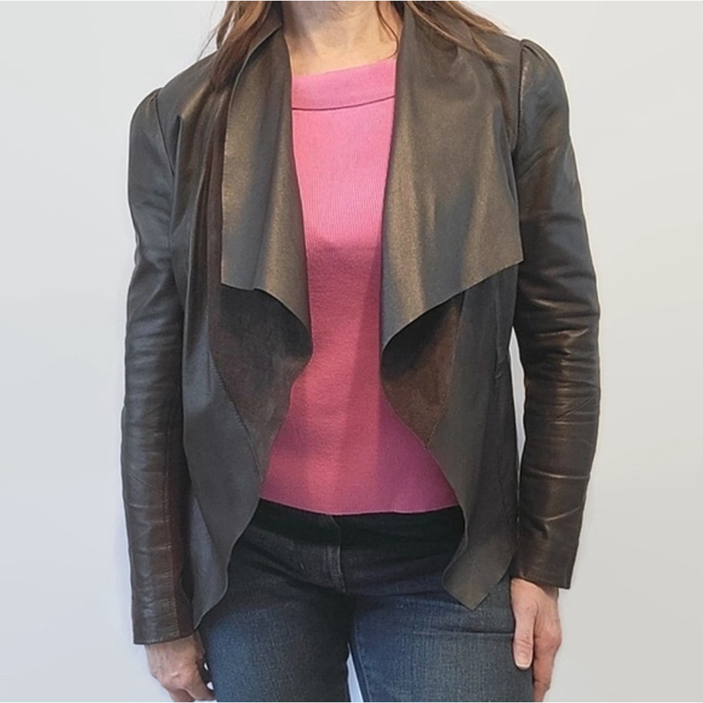 BOD & CHRISTENSEN Brown Leather Drape Front Moto Jacket Size 4